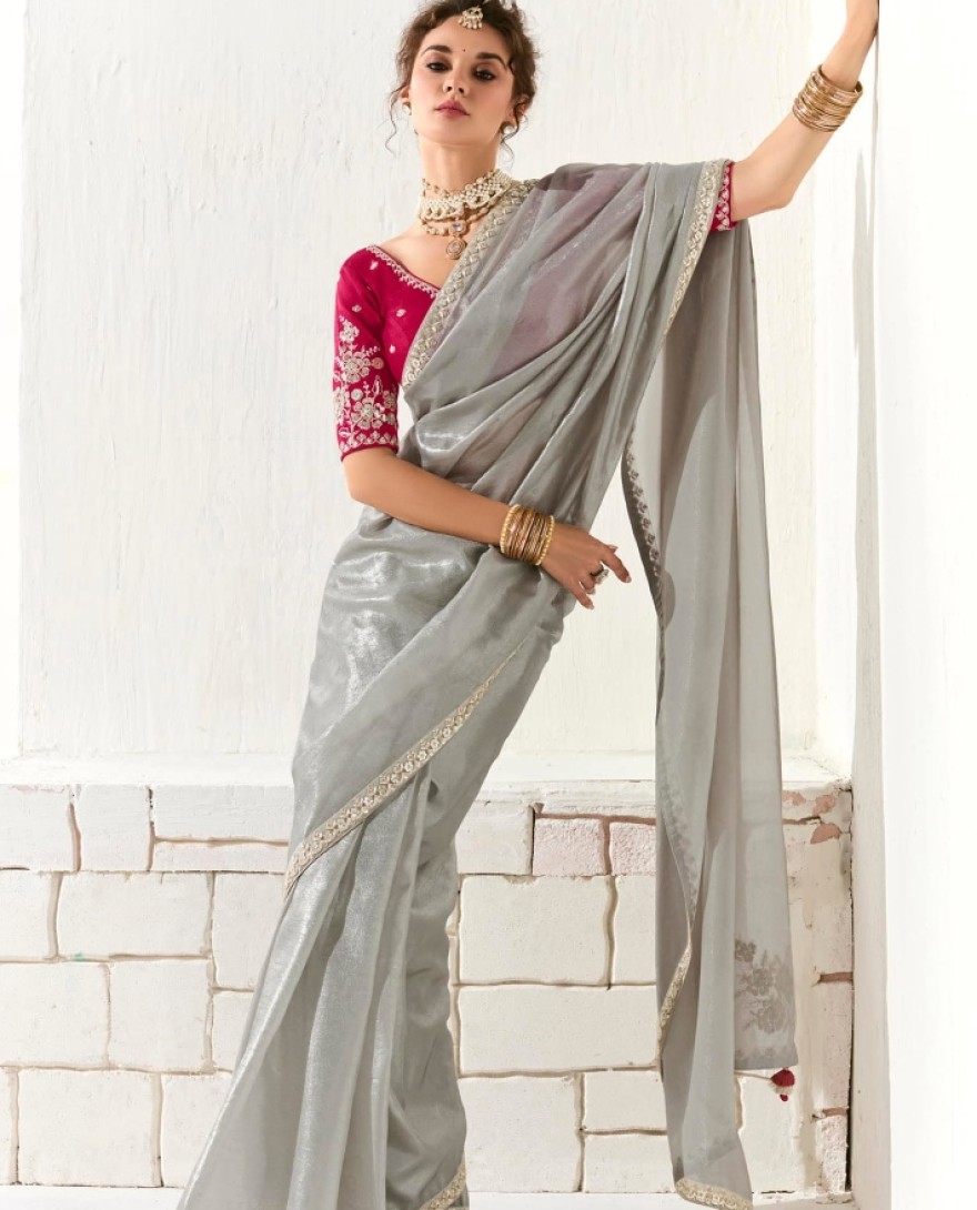 2218 - Bewitching Grey Zari Work Tissue Silk Reception Wear Saree